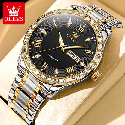 OLEVS 9906 kvartsarmbandsur för män, fyrkantig modell prydd med diamanter, armband i rostfritt stål, vattentätt, med dubbel kalender; ett originellt lyxarmbandsur, perfekt för arbetslivet.