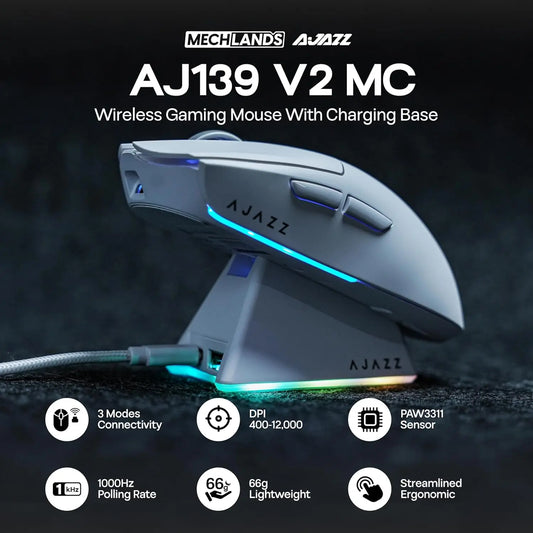 Rato Gaming Sem Fios AJAZZ AJ139 V2 MC/AJ139 PRO com Sensor PAW3311/PAW3395 12000DPI/26000DPI, 500mAh, Bluetooth, para PC
