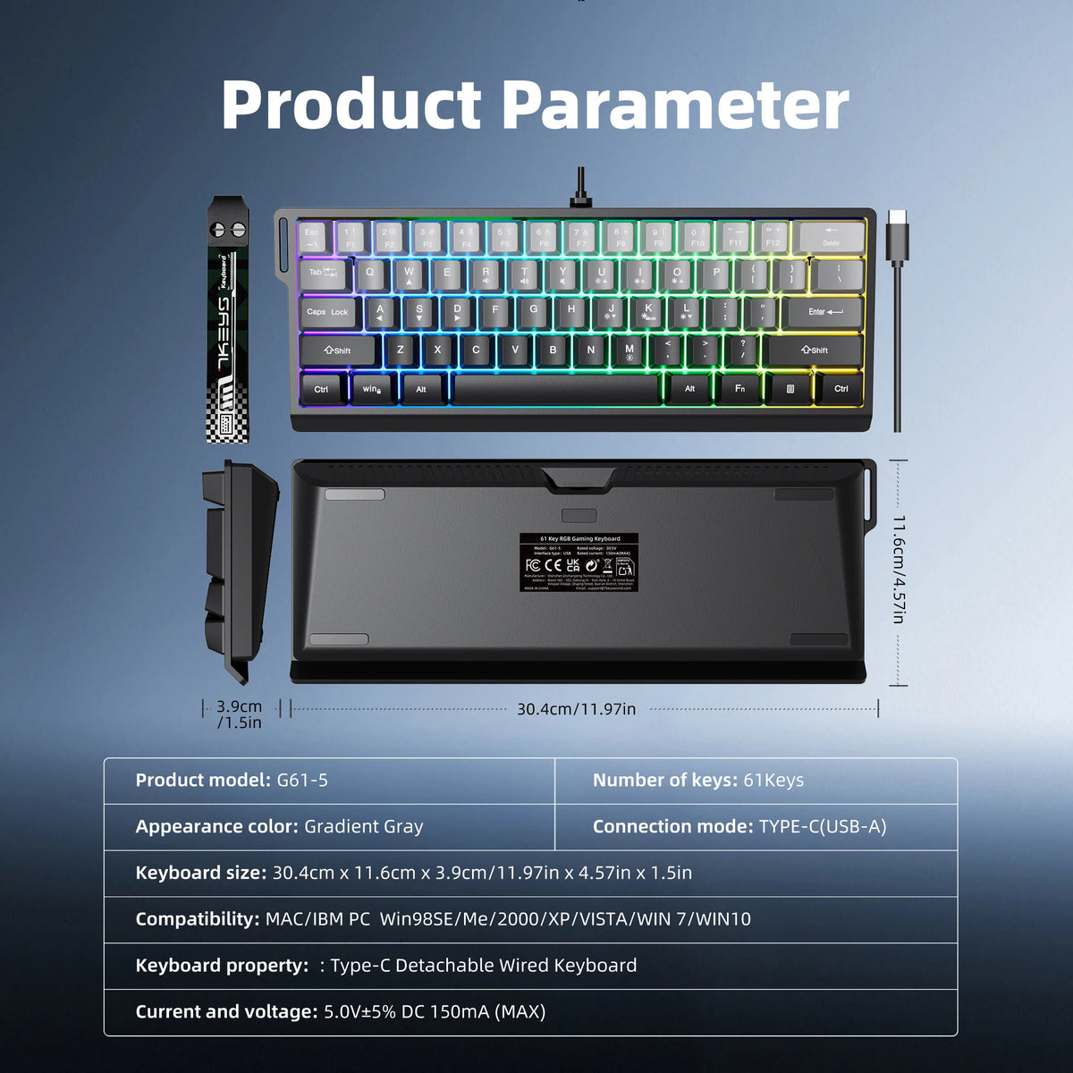 Tastatură cu fir compactă 7KEYS 60%, cu iluminare RGB, capace de taste cu gradient, tastatură de gaming USB pentru PC-uri cu Windows, laptopuri și tablete