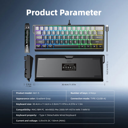 Tastatură cu fir compactă 7KEYS 60%, cu iluminare RGB, capace de taste cu gradient, tastatură de gaming USB pentru PC-uri cu Windows, laptopuri și tablete