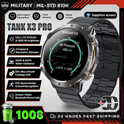 2026 Novo Smartwatch Militar TANK X3 para Homem, Bateria 1000mAh, 10ATM À Prova de Água para Natação, Percurso GPS, Ecrã AMOLED HD de 1.75", Chamadas e Desporto