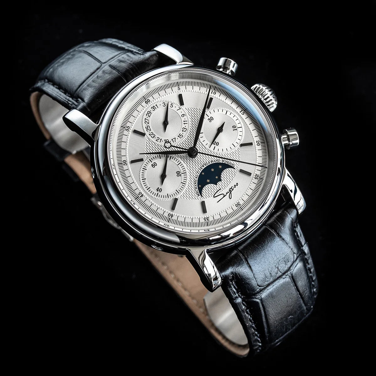 Sugess Men Watch ST1908 Swanneck Movement Mechanical Chronograph Wristwatch Genuine Moonphase Calendar Vintage Leather NEW 2023