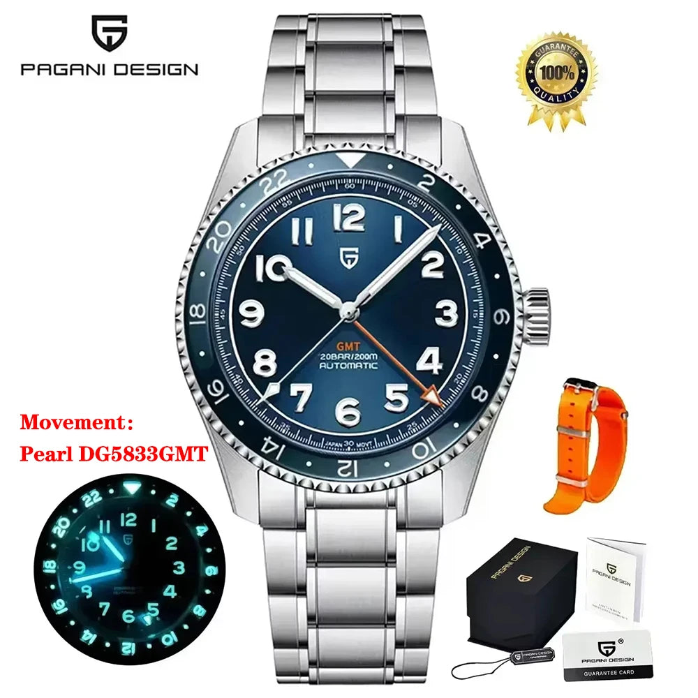 PAGANI DESIGN 2026 NEW Top GMT Men Automatic Mechanical Watches Pearl DG5833 Waterproof Luminous Sapphire Glass reloj hombre