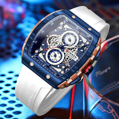 CURREN Tonneau Dial Sport Watch for Men Fashion Waterproof Quartz Wristwatch with Auto Date Yellow Silicone Strap Luminous