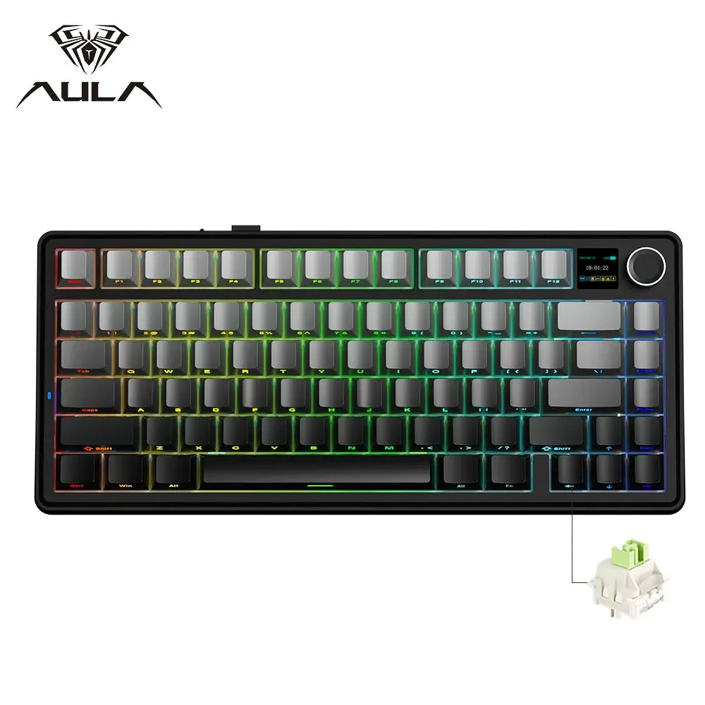 Teclado Mecânico Gaming AULA F75 MAX 2.4G Sem Fios/BT/Com Fio Hot-Swap RGB 75% 81 Teclas Teclado de Escritório com Ecrã TFT