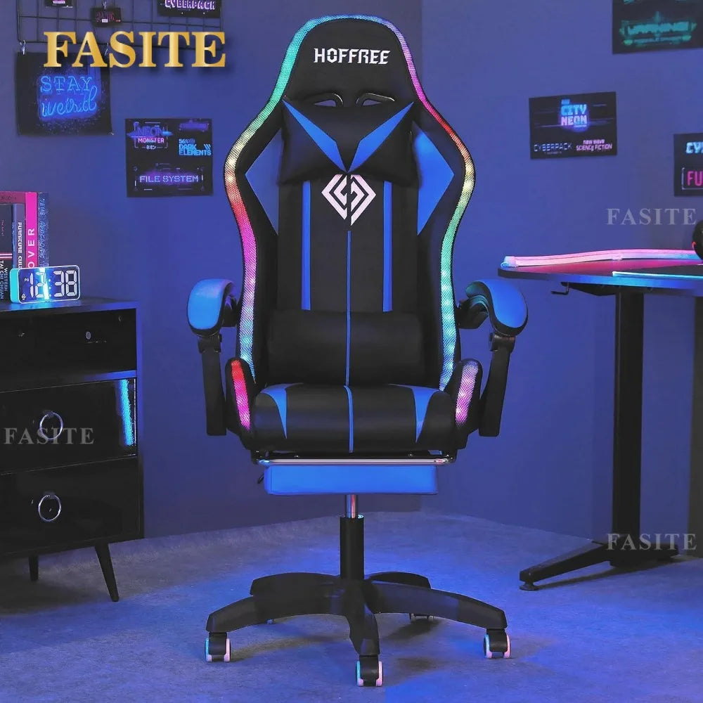 Fashion High Back Video Game Chair with Speakers Massage Computer Gaming Chair with LED Lights and Footrest