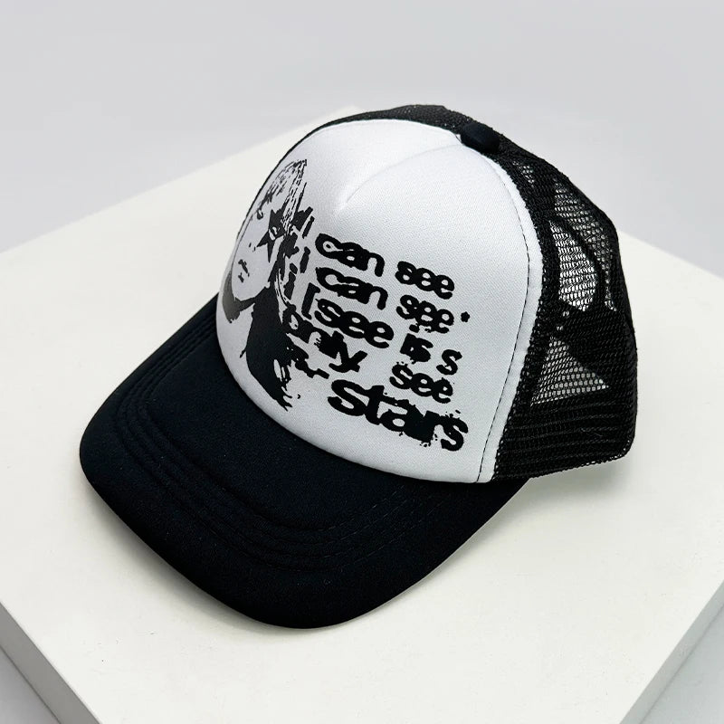 Trucker-Caps im amerikanischen Stil mit Cruise-Print, Anime-Motiven und neuem Schriftzug – atmungsaktive Baseballmützen mit Netzfutter für Herren und Damen, vielseitig kombinierbar