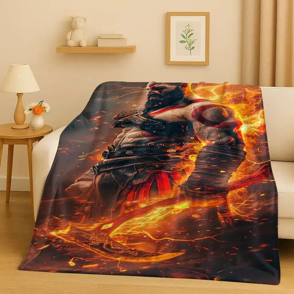3D Kratos God of War Games Cartoon Gamer Flannel Blanket,Ultra Soft Warm Plush Throw for Home Bedroom Bed Sofa Cover Picnic Kids