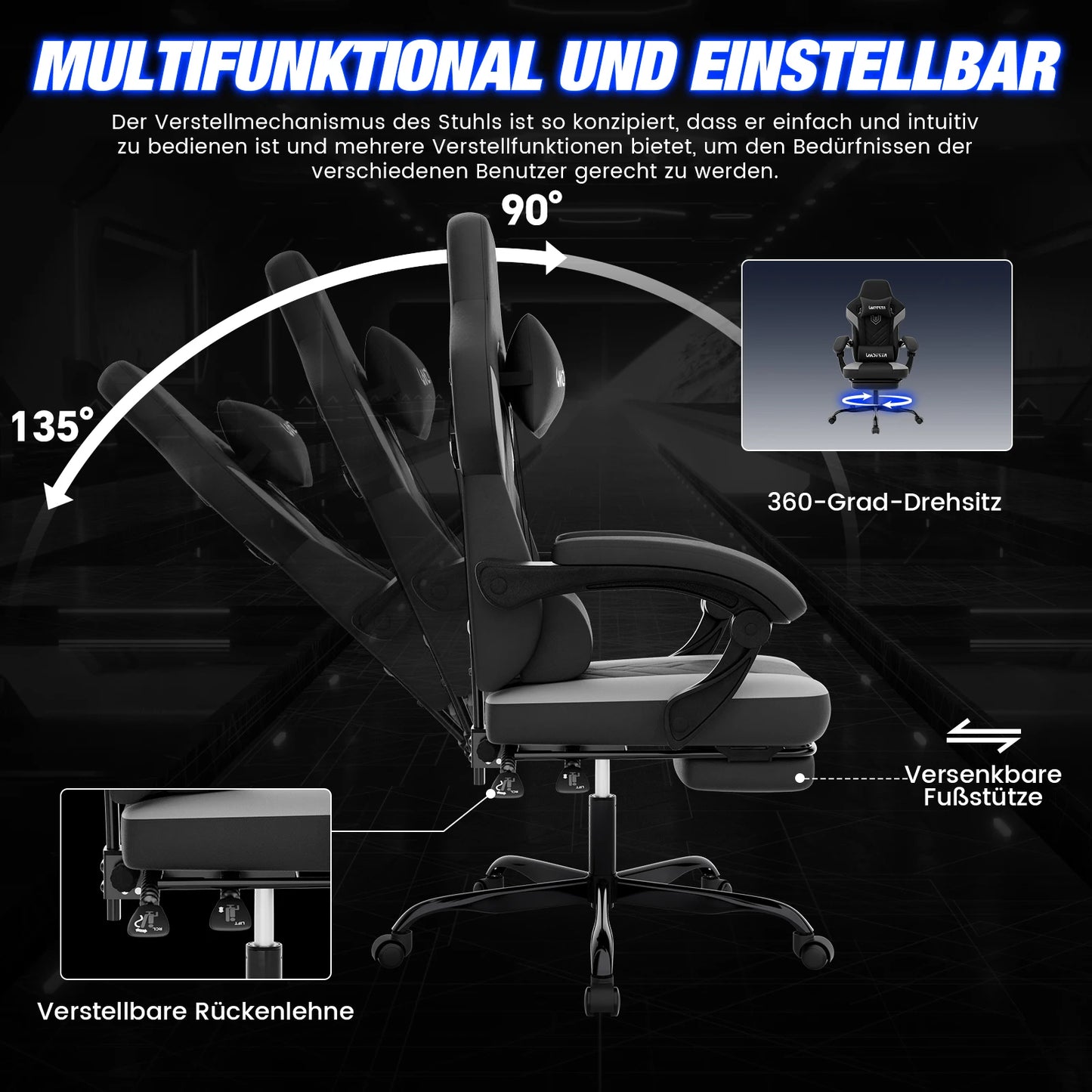 Sedia da gaming con poggiapiedi, ergonomica con cuscino lombare e poggiatesta, sedia da gaming regolabile in altezza per computer