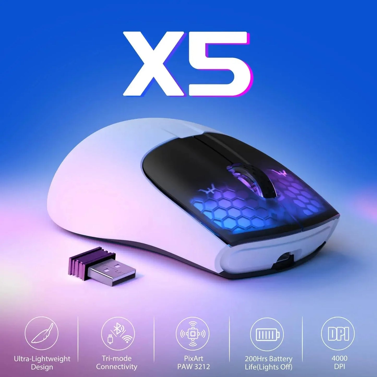 Rato Gaming Sem Fios ATTACK SHARK X5 49g, Bluetooth Tri-Mode, Sensor Ótico PixArt para PC/MAC/Windows