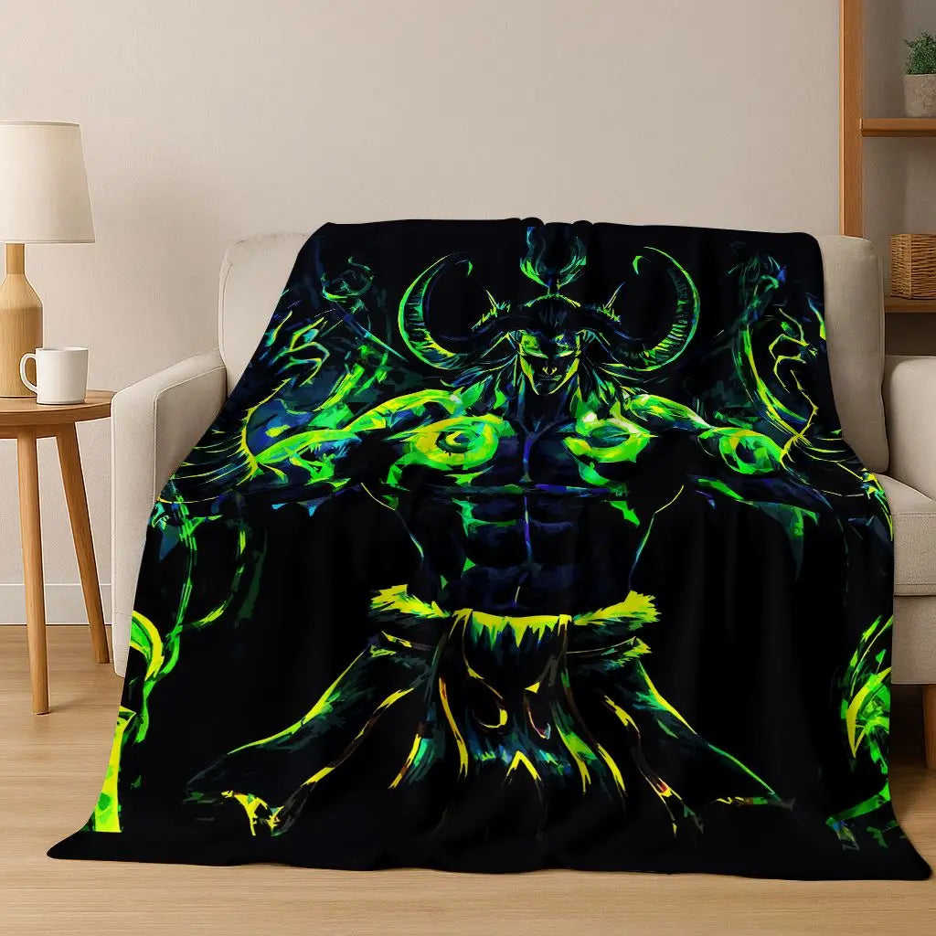 WOW World of Warcraft Arthas Demon Illidan Sylvanas flanellen deken, comfortabele zachte plaid voor thuis, slaapkamer, bed, bankovertrek of cadeau