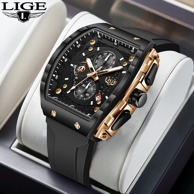 Relógio de Homem LIGE — Moda de Luxo, Impermeável, Bracelete em Silicone, Quartzo, Luminoso, Desportivo, Data Automática e Cronógrafo Simples