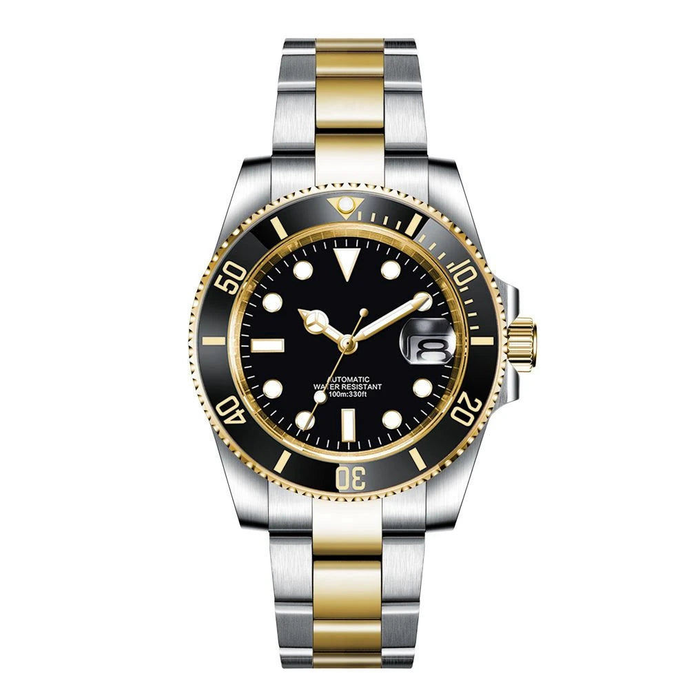 Custom logo NH35 MIYOTA 8215 Automatic Men Watch Luxury Diver Two Tone Gold 316L Stainless Steel Sapphire 10ATM Sterile  Sunburs