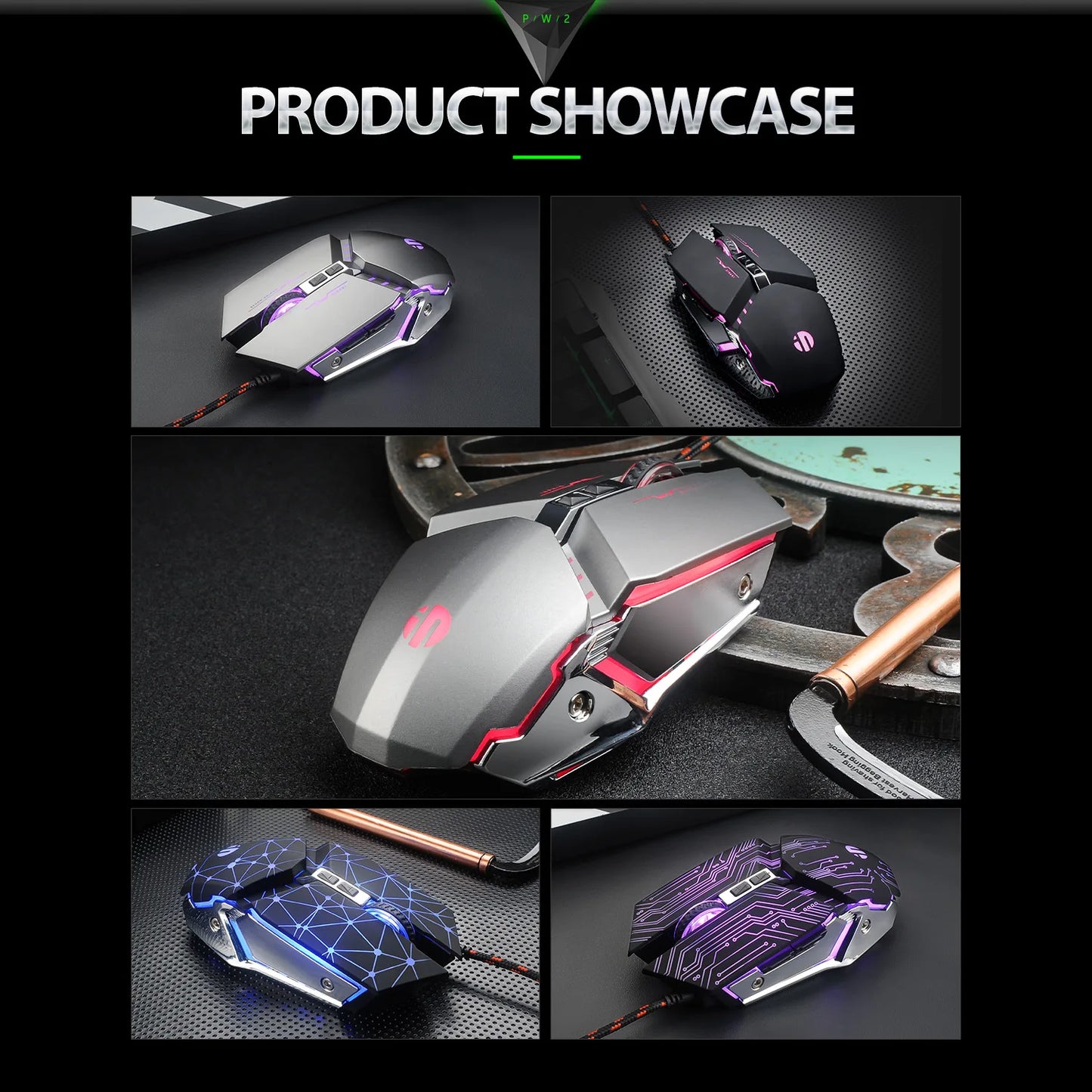 INPHIC W2 Gaming Mouse Silent Click USB Optical Wired Mouse 4800DPI Ergonomic Mice 6 Programmable Buttons RGB Breathing LED PC
