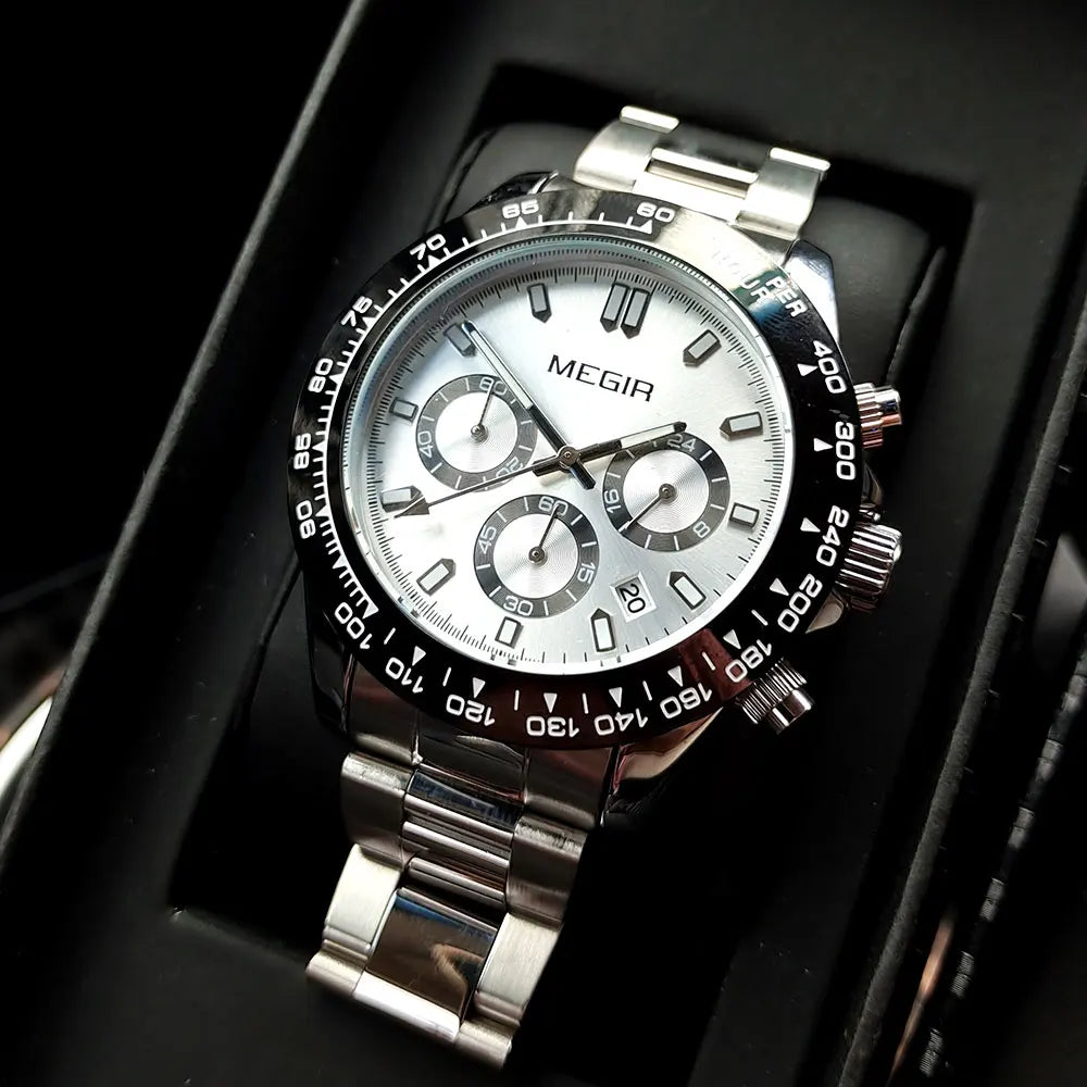 Reloj de hombre MEGIR, marca de lujo, reloj deportivo de cuarzo, correa de acero inoxidable, resistente al agua, cronógrafo, reloj de pulsera