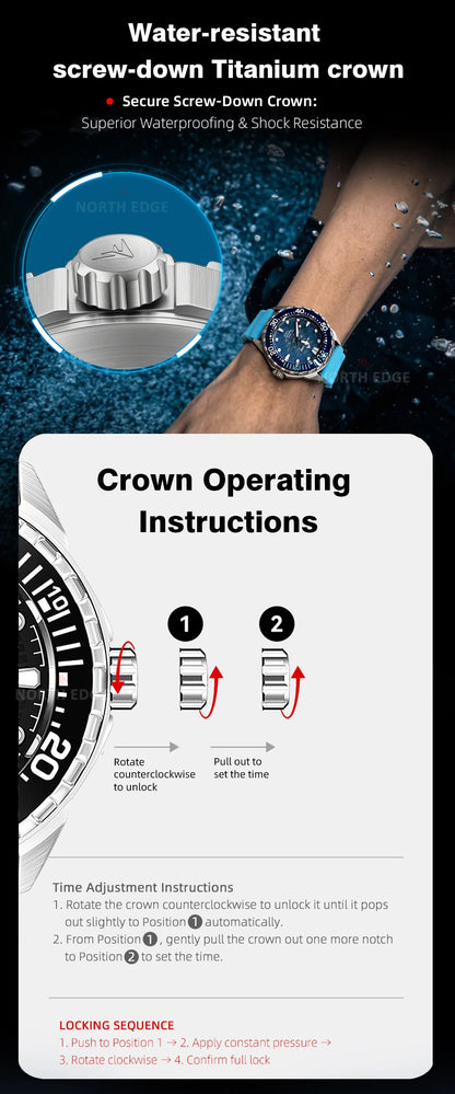 NORTH EDGE TRITON-TI Titanium Stainless Solar-Powered Diving Watch Luxury Quartz Watches For Men 300M Waterproof 180+ Day Power