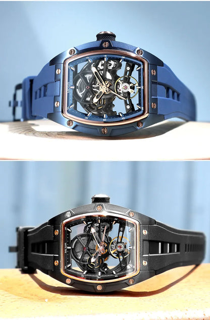MEGIR 2242 Blue Automatic Watch for Men Sport Waterproof Stainless Steel Mechanical Wristwatch with Silicone Strap Skeleton Dial
