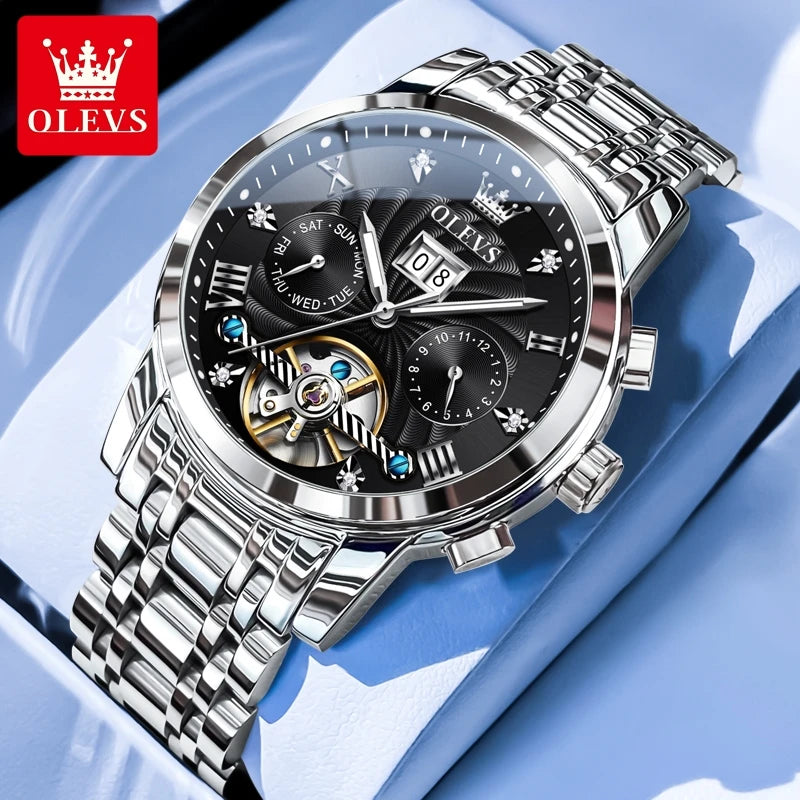 Montre homme OLEVS 9910, marque de luxe originale, étanche, lumineuse, automatique, mécanique, double calendrier, coffret.