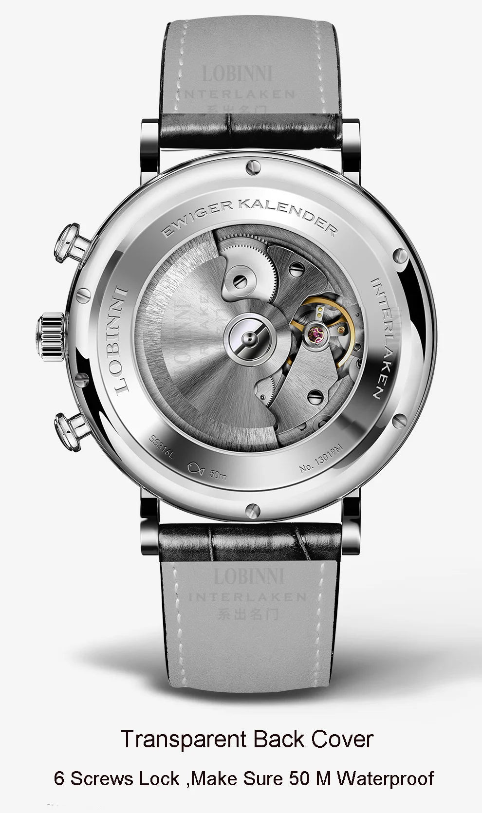 Reloj de lujo suizo LOBINNI para hombre, mecánico automático con calendario perpetuo, cristal de zafiro y multifunción L13019-8