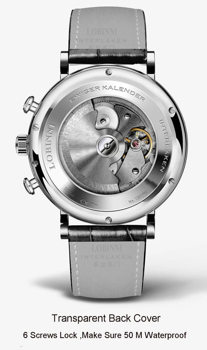 Reloj de lujo suizo LOBINNI para hombre, mecánico automático con calendario perpetuo, cristal de zafiro y multifunción L13019-8
