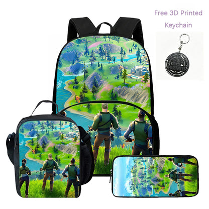 Conjunto FORTNITE leve de 3 peças: mochila com bolso frontal, lancheira e estojo, com porta-chaves 3D impresso grátis, para meninos, meninas e crianças dos 5 aos 10 anos