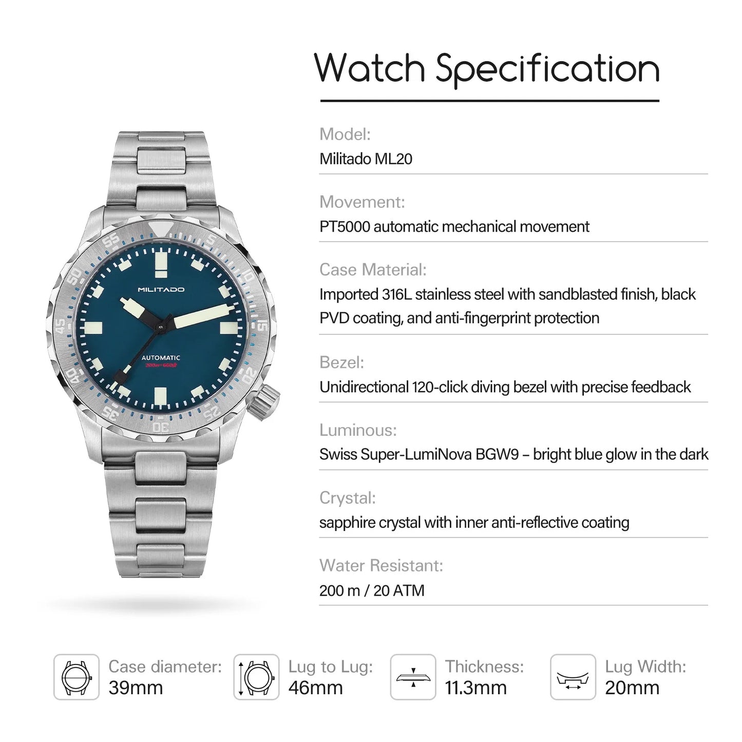 Militado ML20 39mm Men Watch PT5000 Automatic Movement Sapphire Luminova Watches Stainless Steel 200m Waterproof Wristwatch