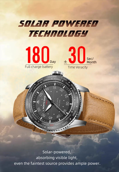 NORTH EDGE 2024 MACH Solar Power Quartz Watch Men Waterproof 50M Men's Pilot Sports Wristwatches Luminous Environmentally Friendly Clock