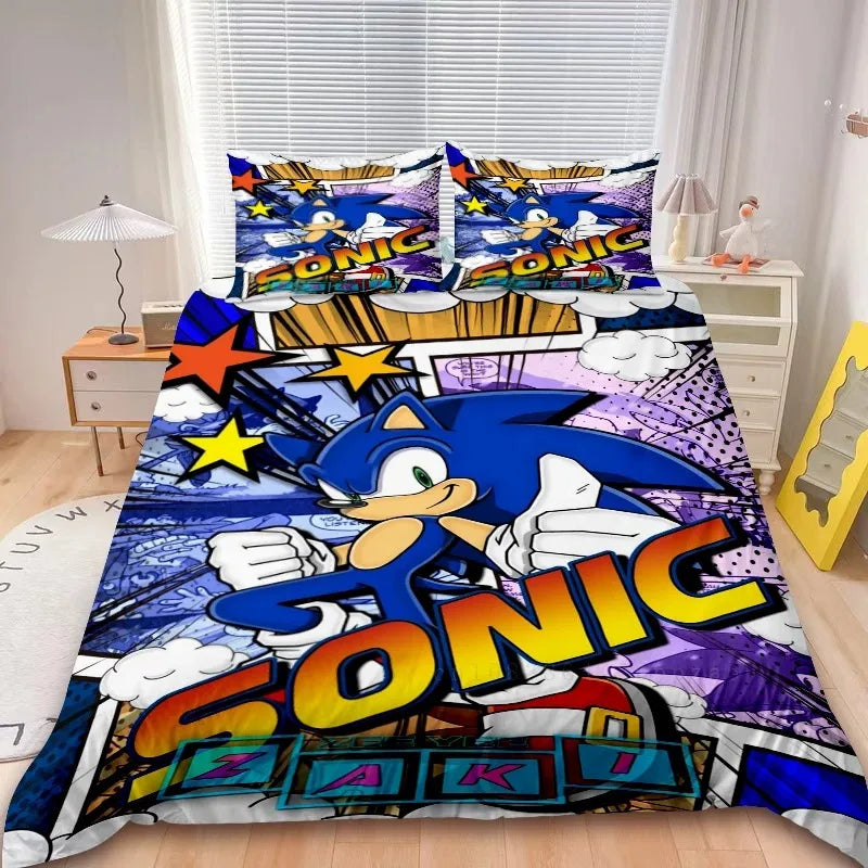 Conjunto de capa de edredão Sonic de 2/3 peças para crianças, conjunto de roupa de cama com capa de edredão para decoração de quarto, adolescentes e presentes para crianças, cama individual ou de casal