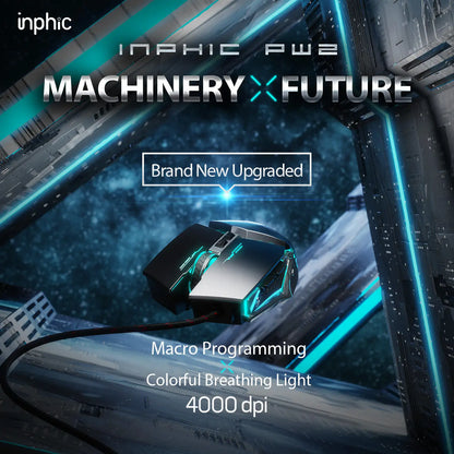 INPHIC W2 Gaming Mouse Silent Click USB Optical Wired Mouse 4800DPI Ergonomic Mice 6 Programmable Buttons RGB Breathing LED PC