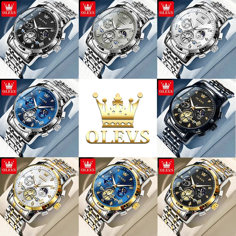 OLEVS Men's Watches Classic Multifunctional Flywheel Chronograph Original Quartz Wristwatch Moon Phase 24 Hour Waterproof Watch