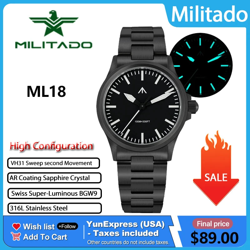 MILITADO ML18 Quartz PVD 316L Steel Sapphire VH31 Sweep Second Movement Sapphire BGW9 Lume 100M Waterproof Men Wristwatch