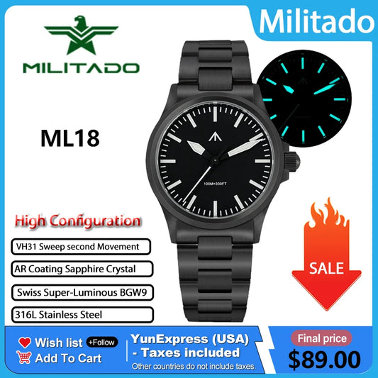 MILITADO ML18 Quartz PVD 316L Steel Sapphire VH31 Sweep Second Movement Sapphire BGW9 Lume 100M Waterproof Men Wristwatch