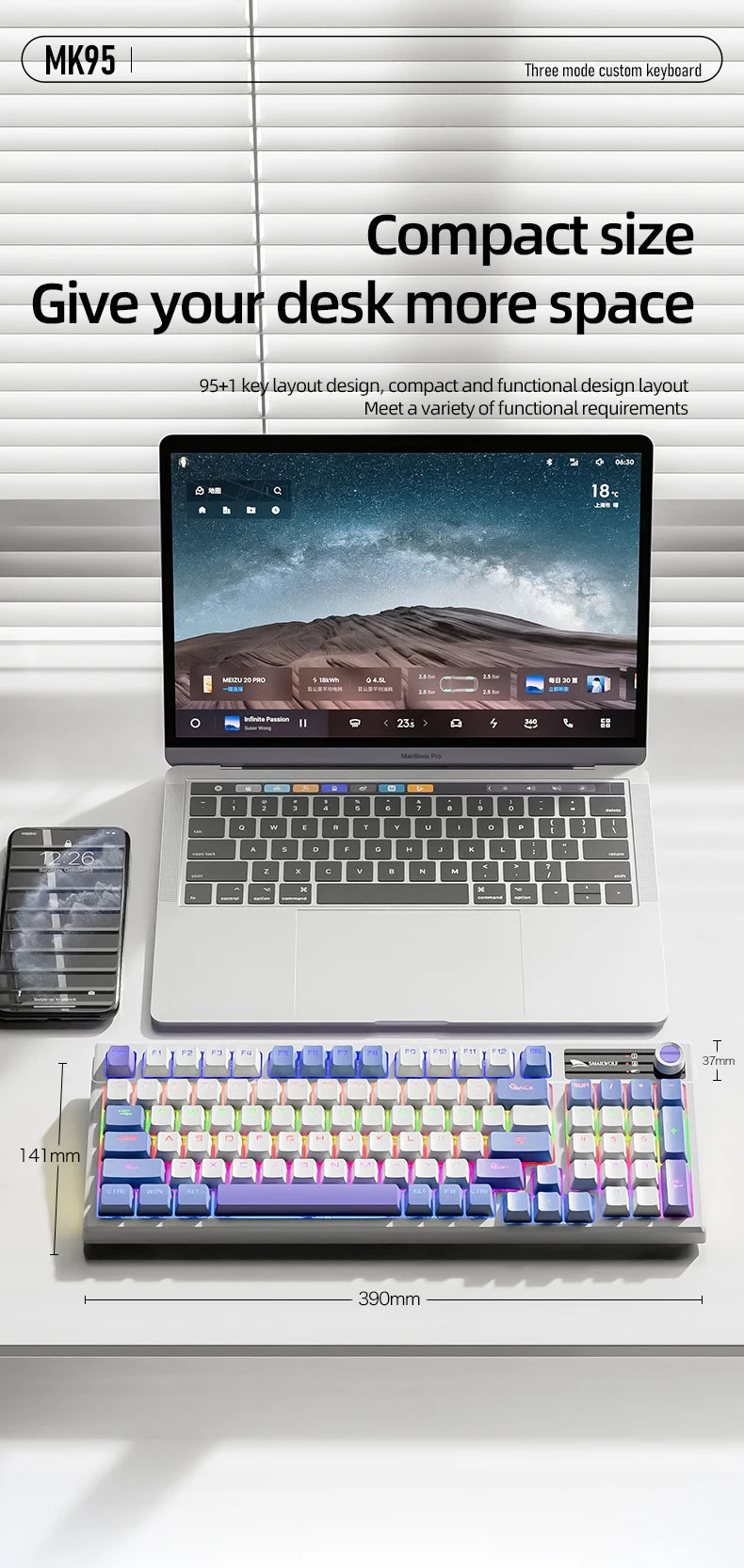 SMAILWOLF MK95 Bluetooth Wireless Three-Mode Mechanical Keyboard Arabic Russian Korean Thai Spanish Keyboard E-Sports Game