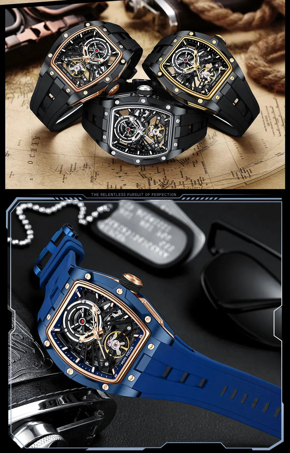 MINI FOCUS Men's Wristwatch Fashion Black Waterproof Automatic Mechanical Watch with Luminous Hands Silicone Strap Tonneau Dial