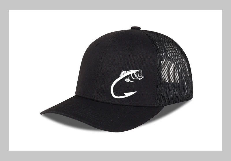 Trucker-kasket med bass-fiskekrog-print, justerbar, unisex, mesh, til fiskeentusiaster, solhat