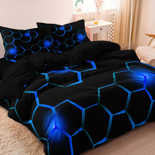Conjunto de Capa de Edredão 3D Geométrica com Padrão Hexagonal em Favo de Mel, 3 Peças, Roupa de Cama em Poliéster Colorido com Impressão Digital e Fecho de Correr