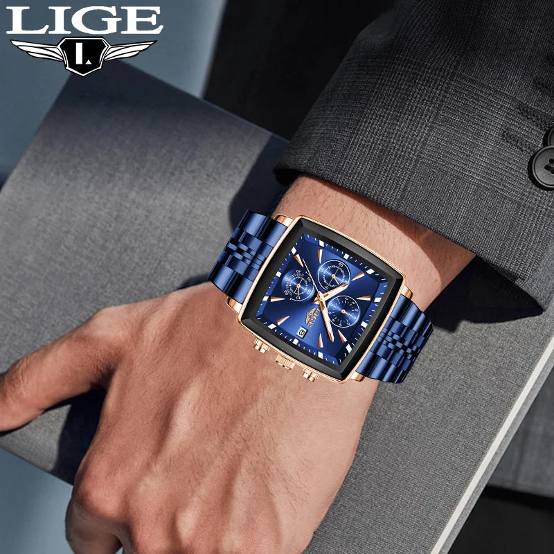 LIGE Luxusuhren für Herren, quadratisches Modell, klassischer und trendiger Stil, aus Edelstahl, wasserdicht, sportlich und lässig, mit Quarzwerk.
