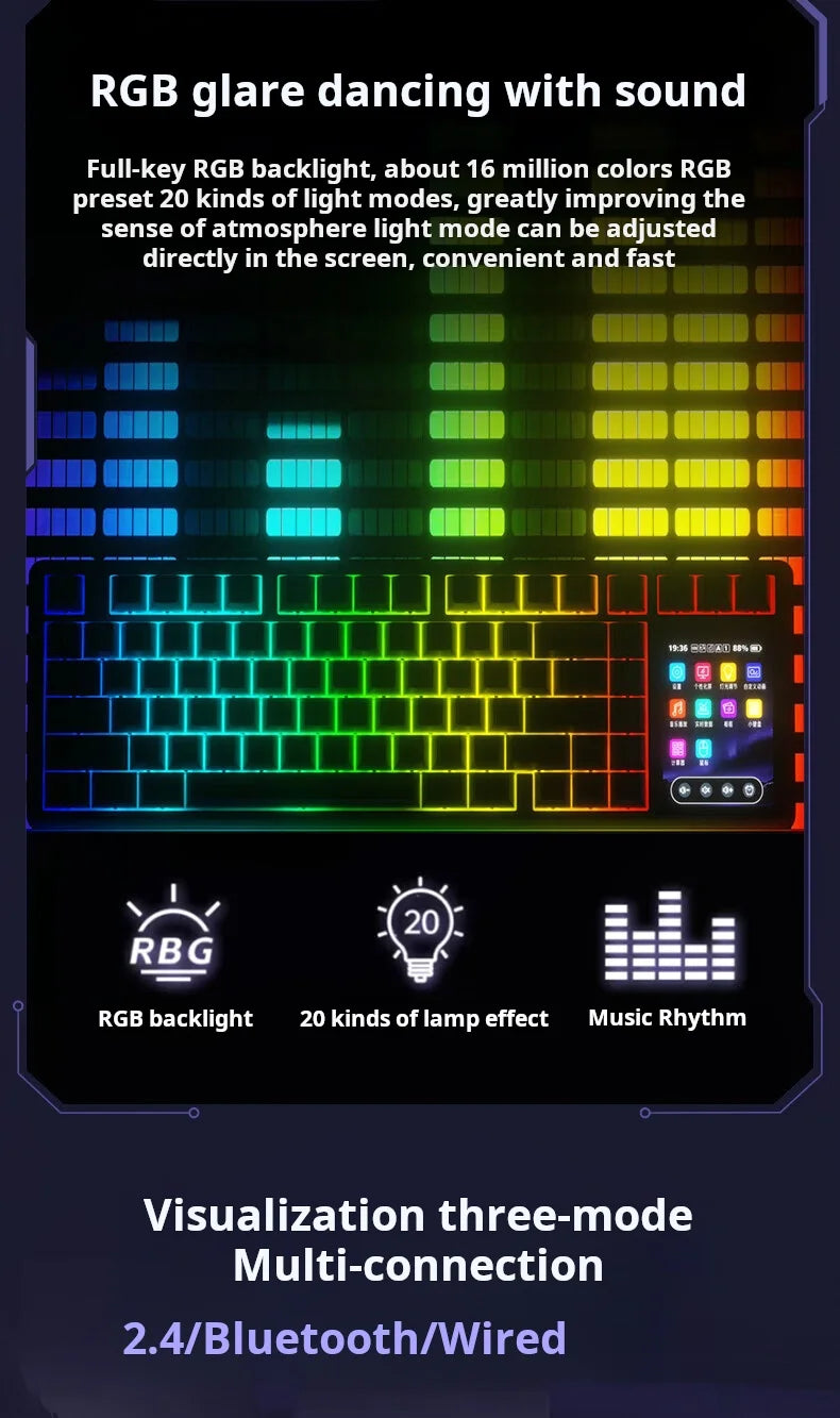 Tastiera meccanica AULA L99 con schermo intelligente, Bluetooth wireless tri-mode, per gaming notturno e laptop, 8000mAh, switch Raindrop