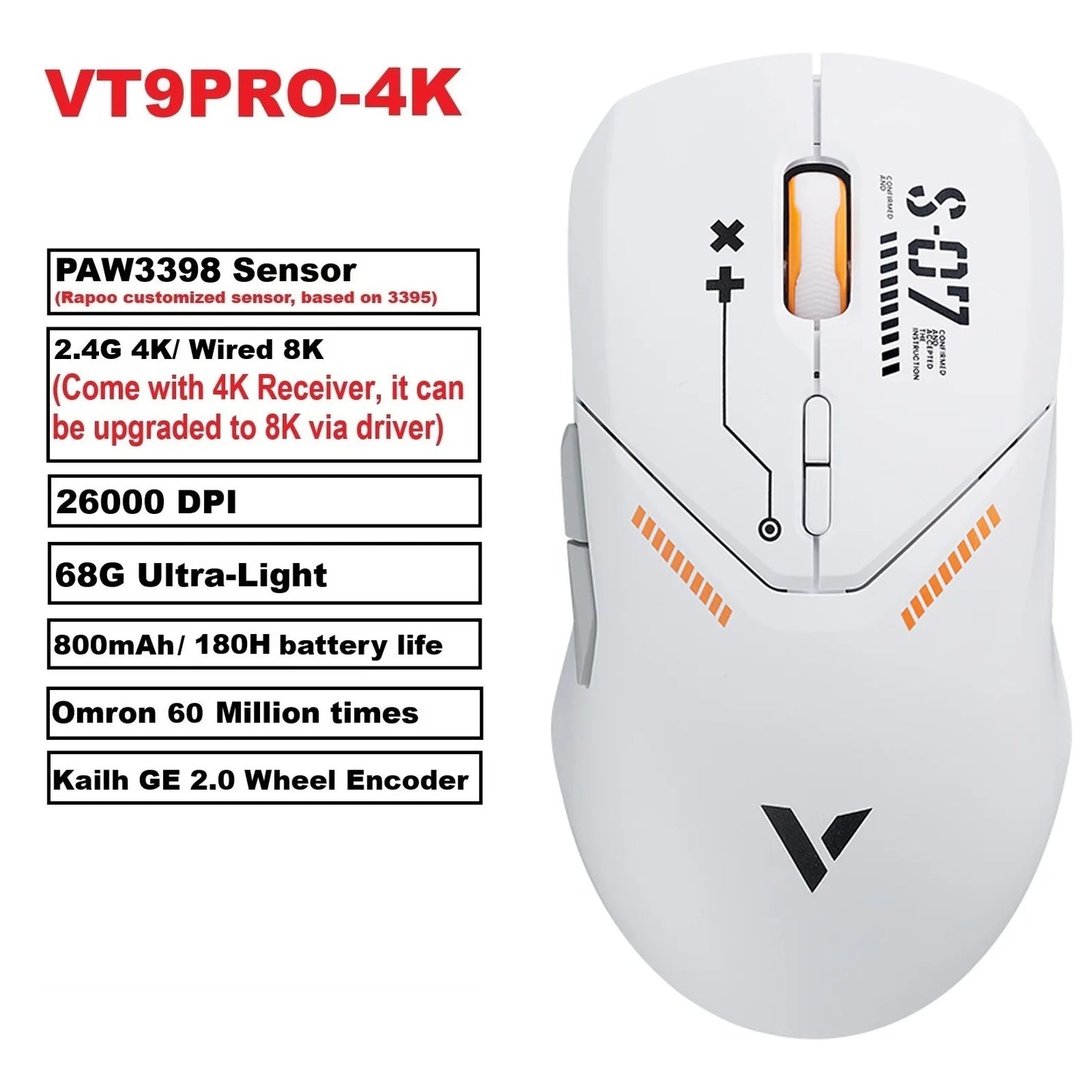 Mouse da gaming wireless Rapoo VT9PRO PAW3398 68g cablato programmabile ergonomico 26000DPI Type C ricaricabile accessorio per PC gamer