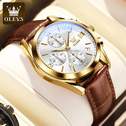 OLEVS 2872 Men’s Chronograph Wristwatch – Leather strap, water-resistant, luminescent hands, quartz movement, luxury sports style