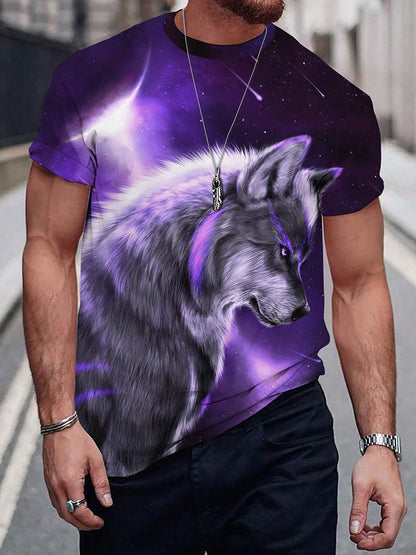 T-shirt de homem com estampado de lobo e olhos diferentes — T-shirt casual diária masculina, moda urbana streetwear, manga curta, verão, desporto ao ar livre