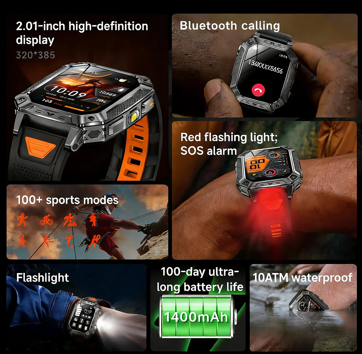 2026 TANK New 1400mAh Military GPS Smart Watch Men 2.01" AMOLED Screen 10ATM Waterproof Clock SOS Call Flashlight Smartwatch iOS