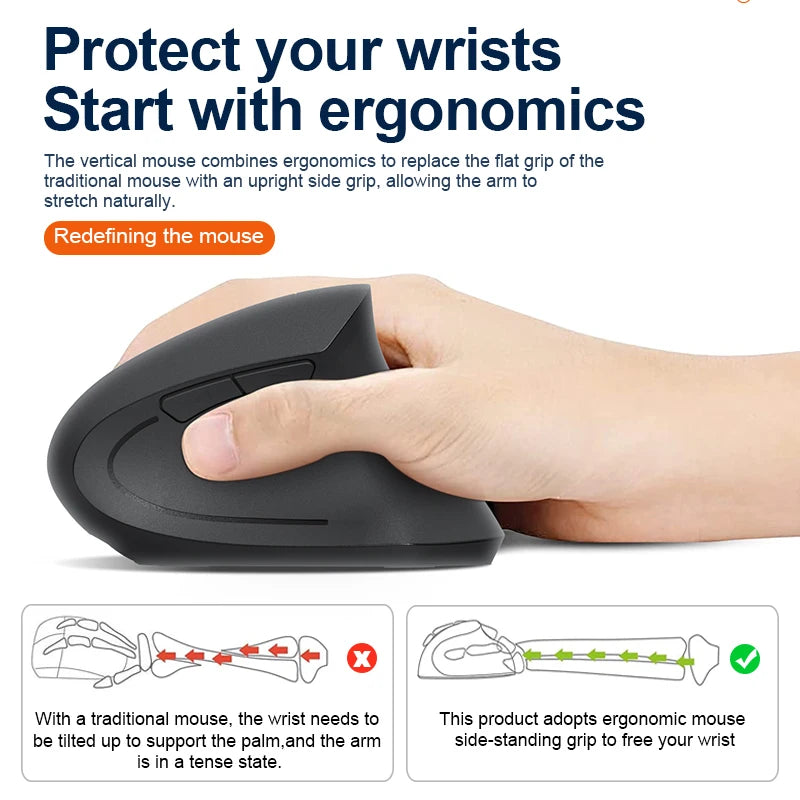 Rato Vertical Sem Fios Bluetooth 2.4G Recarregável Ergonómico 1600DPI Ajustável Gaming 6 Botões para Portátil PC Computador