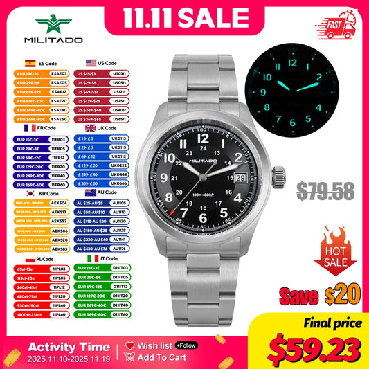 Militado ML08 Quartz Watch Ronda 515 Movement Domed Sapphire Wristwatch BGW9 Luminous 10Bar Waterproof 38mm Vintage Watches
