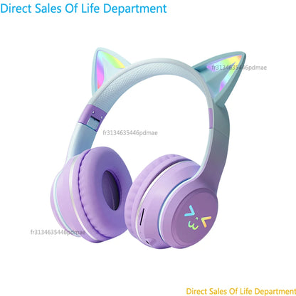 RGB Cat Ear Wireless Bluetooth Headphones for Kids & Girls, LED Light Stereo Gaming Headset with Microphone, Foldable Bluetooth Cat Ear Headphones