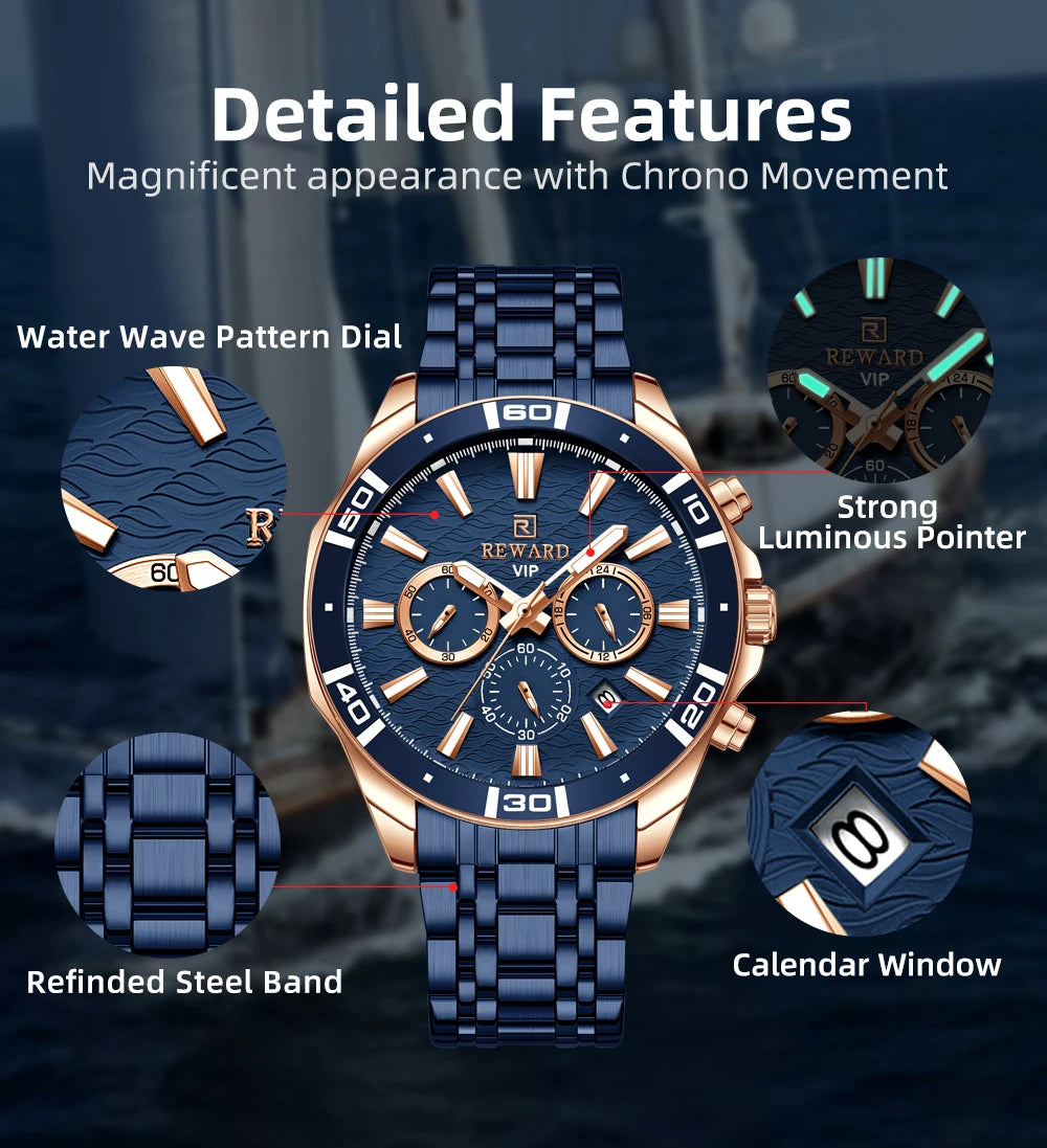 REWARD Mens Watches Waterproof  Luminous Quartz Wristwatch Business Stainless Steel Strap with gift box