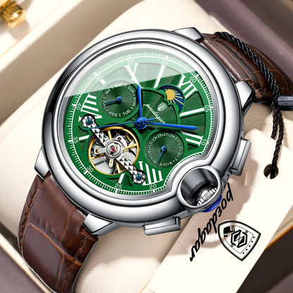 Montre de luxe pour homme POEDAGAR – Modèle automatique mécanique avec affichage de la date et du jour, bracelet en cuir, tourbillon, étanche, style élégant et professionnel.
