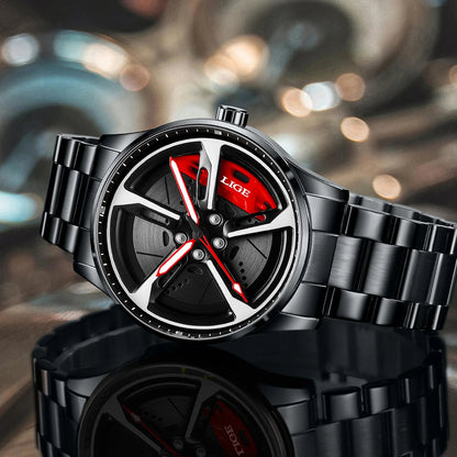 LIGE New Sport 3d Car Wheel Rim Hub Watch Fashionable Rotating Dial Stainless Steel Strap Waterproof Quartz Watches reloj hombre