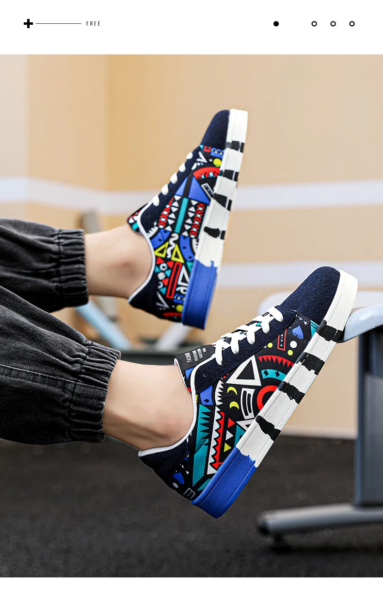 YRZL Sapatilhas de corrida desportivas para homem em lona, estilo geométrico, com atacadores, sapatilhas de casal com estampado graffiti moderno, sapatos de skate para homem