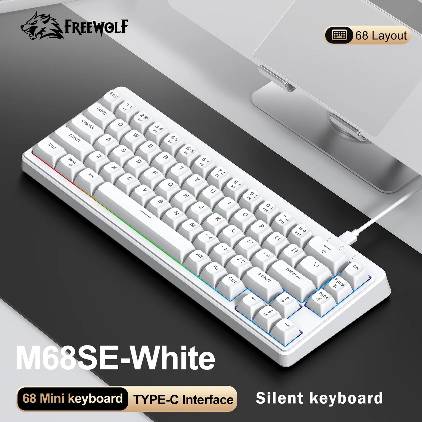 FREEWOLF M68SE Teclado mini con cable de 68 teclas, retroiluminación RGB, Type-C, diseño 68%, compacto para gaming, oficina, PC y portátil